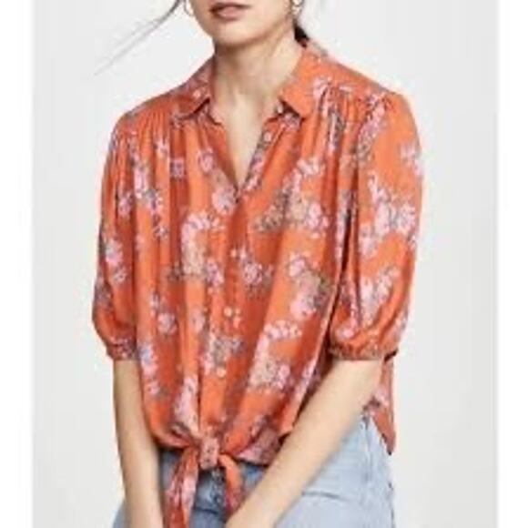 Free People Celia Floral Print Tie Front Button Up Short Sleeve Blouse Orange L - Picture 1 of 9